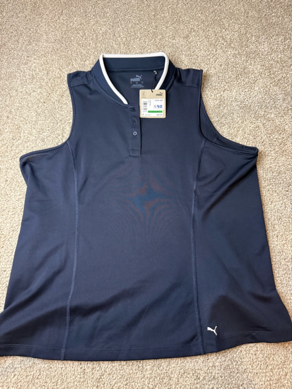 Women’s Puma Navy Blue Sleeveless Polo Top with White Trim- NWT- Size Large